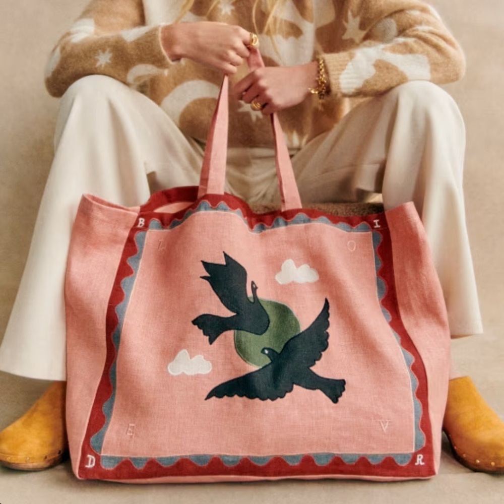 NWT Sezane x Pangea - Lovebirds Linen Tote Travel Bag RARE Still Has Tags